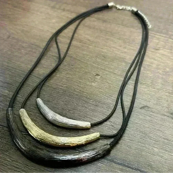 Three Strand Leather and Three Tone Metal Pendants Necklace - Picture 1 of 2